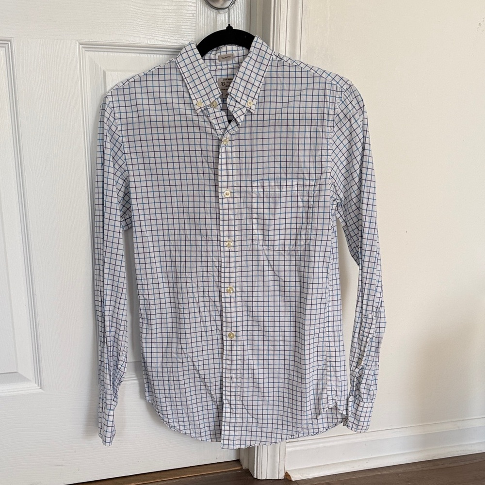 J. Crew XS Slim White Button-Down Shirt with Blue and Purple Windowpane Check